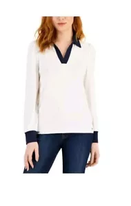 Tommy Hilfiger Womens White Johnny Collar Pullover Top Black Trim Size XL NWT - Picture 1 of 1