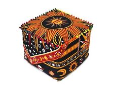 Indian Handmade Sun Printed Orange Square Ottoman Pouf Cover Footstool Decorate