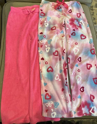 Two Pair Pajama PJ Fleece Pants Girls Sz 10 12 M Pink Solid & Hearts - Image 1 of 3