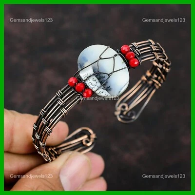 Brazalete de cobre ovalado natural dendrita ópalo rojo coral cuentas alambre envuelto joyería Foto 1 de 4