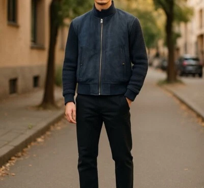 TOM FORD Leather Men Navy Contrast Suede & Knit Bomber Jacket IT 54 US 44 Large - Image 1 of 4