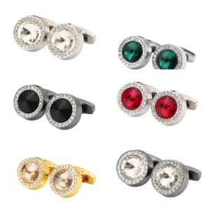 Gemelos redondos de cristal con diamantes de imitación brillantes de lujo para hombres gemelos de boda con caja - Imagen 1 de 9