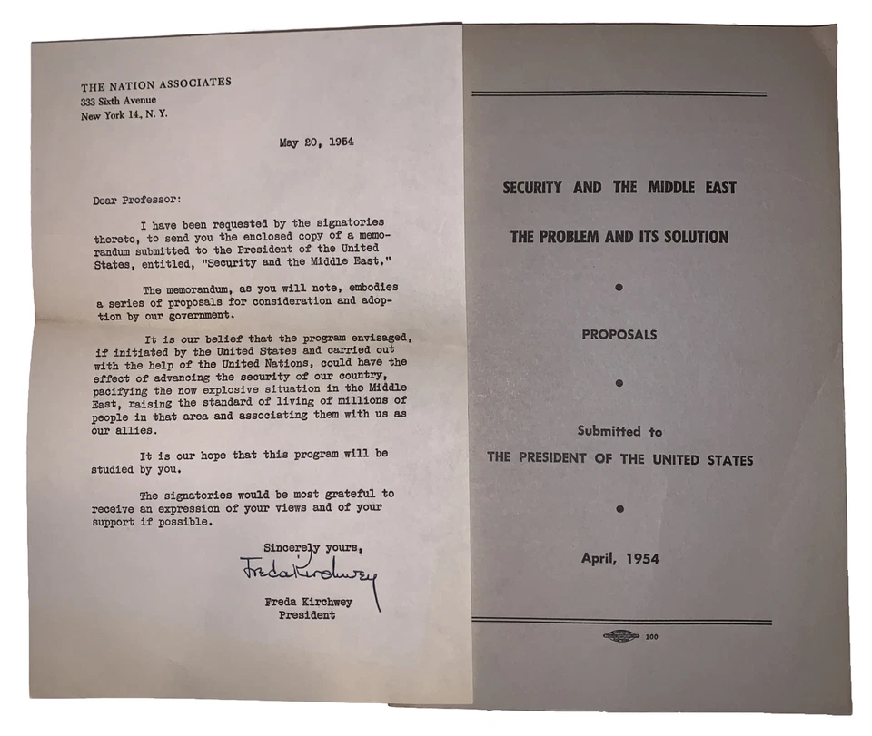 w FREDA KIRCHWEY SIGNED LETTER, SECURITY AND THE MIDDLE EAST, 1954, 1st Ed - Image 1 of 4