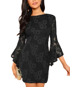 Abito pizzo nero elegante con maniche lunghe svasate scollo v su schiena - Picture 1 of 3