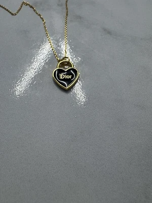 Repurposed Dior Heart Charm Necklace | Black & Gold | Upcycled Jewelry 18”  - Изображение 1 из 2