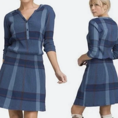 PrAna Sugar Pine Dress Equinox Blue Plaid Smocked Outdoor Organic MEDIUM (READ!) - Image 1 of 4