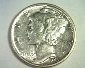 1943 MERCURY DIME ABOUT UNCIRCULATED+ AU+ ORIGINAL BOBS COINS FAST 99c SHIP - Picture 1 of 2
