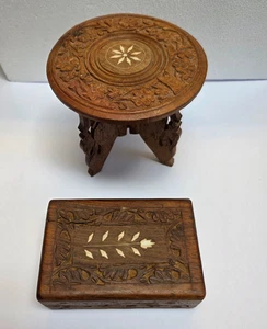 Flowers Trivet Table Carved Wood and Box Made in India - Picture 1 of 16