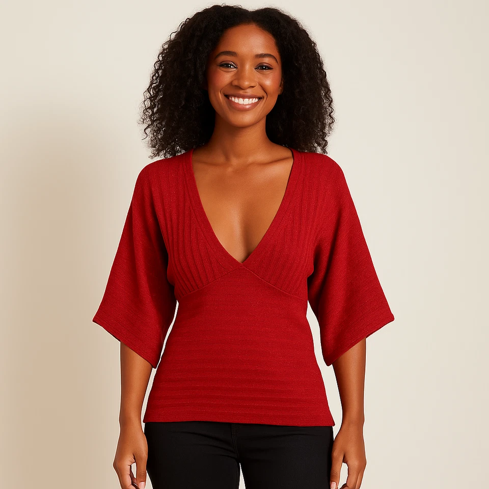 New York & Company Women's Red Sparkle V-Neck Elbow Sleeve Knit Top Size Small - Image 1 of 4