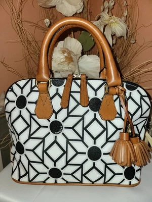 EUC Brahmin Vivian Dome Satchel Handbag Kaleidoscope Black White Tan Tassel Bag - Image 1 of 4