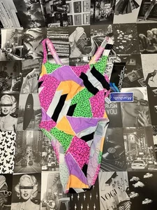 Vintage 80’s/90’s Sassafras Neon Geometric Design One Piece Swimsuit Sz S/M NWT - Picture 1 of 8
