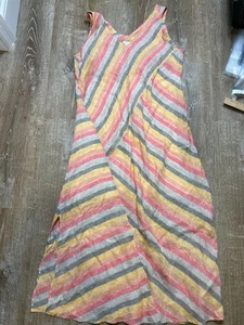 J. Jill Love Linen Dress women petite medium Striped lined maxi midi side slit - Picture 1 of 8