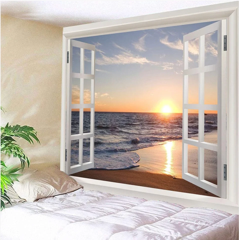 Tapiz de ventana de océano 3D - Puesta de sol playa paisaje colgante de pared (60x80") Foto 1 de 1