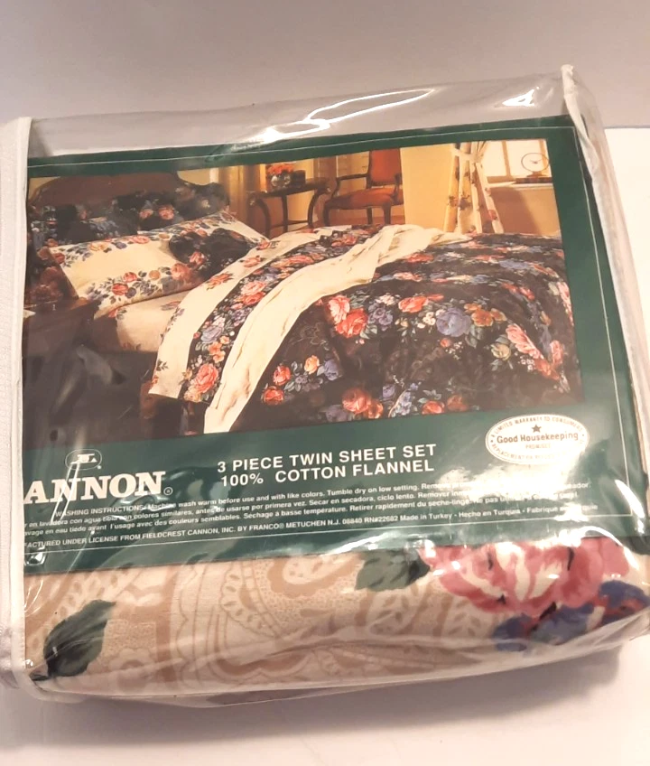 Cannon 3 件套双 100% 棉法兰绒床单套装花卉全新带包装 — 第 1/3 张图片
