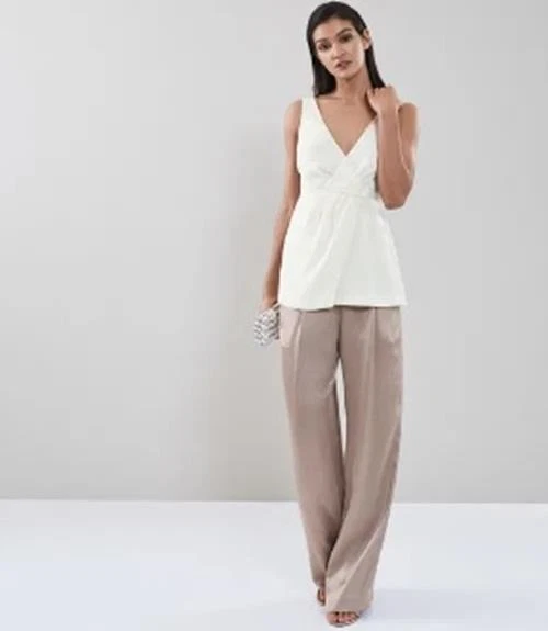 PANTALÓN REISS ARIANNA MARRÓN BRILLANTE REINO UNIDO 12 METALIZADO CINTURA ELÁSTICA PIERNA ANCHA FIESTA Foto 1 de 4