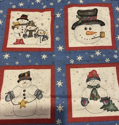Cotton  Holiday Fabric Beautiful Colors-Approx 34”x 44”-Snowmen Panel-Red, Blue - Image 1 of 4
