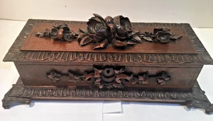 ANTIQUE BLACK FOREST SWISS WOOD CARVED JEWELRY BOX NEW LINING - Picture 1 of 10
