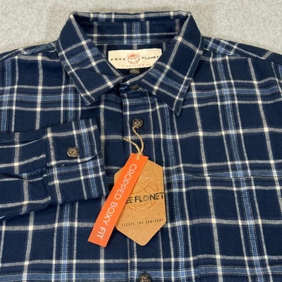 Free Planet Cropped Boxy Fit Flannel Shirt Navy Blue Plaid Men's L NWT - Image 1 of 4