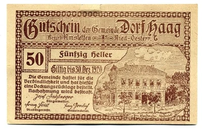 1920 Austria 50 Heller Dorf Haag Notgeld Banknote Currency - Image 1 of 2