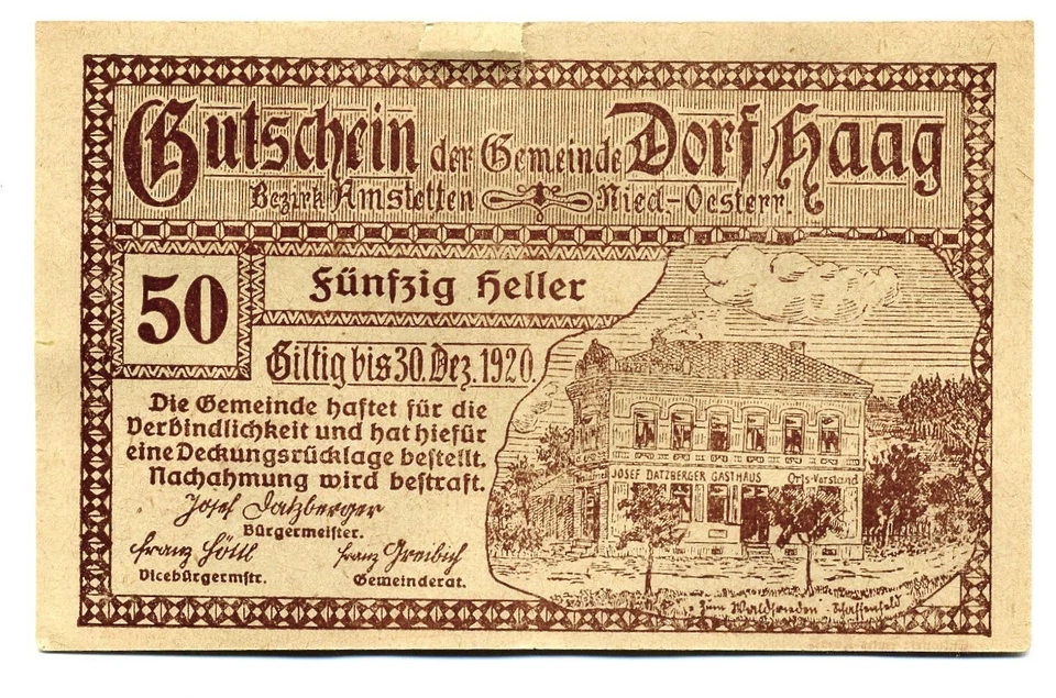 1920 Austria 50 Heller Dorf Haag Notgeld Banknote Currency - Image 1 of 2