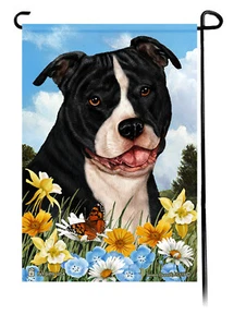 Bandera de jardín con flores de verano - Pit Bull Terrier blanco y negro sin recortar - Imagen 1 de 1