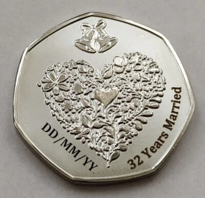 7 SIDED MINT 32nd Wedding Anniversary Gift ( PERSONALISED Wedding DATE On Coin ) Wife/Husband