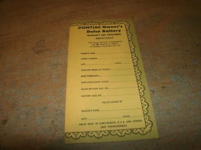 1958 1959 1960 PONTIAC CATALINA SAFARI ALL DELCO BATTERY OWNERS CERTIFICATE - Imagem 1 de 2