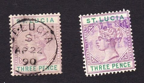 ST. LUCIA 1883, Sc# 32 & 32a the THREE PENCE used pair CDS cancel  FREE SHIPPING Cover