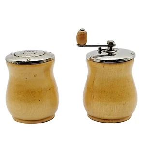 Mini Wood Pepper Mill Salt and Pepper Shakers Vintage 1950-60s Silver Tone Japan - Picture 1 of 23