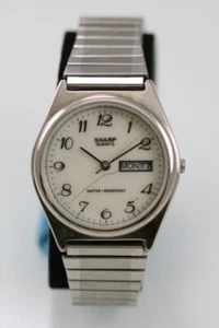Sharp Men Watch Silver Stainless St Stretch  Battery Water Res Date White Quartz - Picture 1 of 6