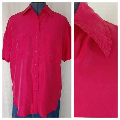Top vintage Backroad Blues de gran tamaño rosa intenso seda manga corta abotonada MED Foto 1 de 4