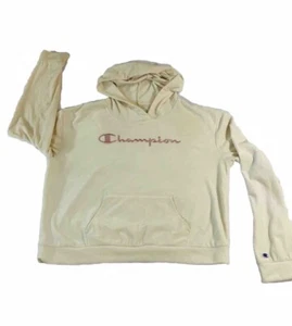 Champion Sweater Cream Color Pullover Fleece Girls Large Pink Logo Hoodie Youth - Picture 1 of 8