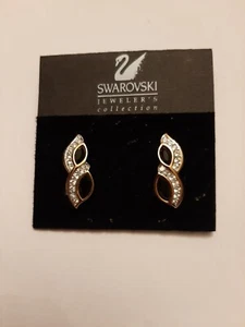 Swarovski Clip On Earrings 1980s Gold Tone Metal Black Crystal GB - Picture 1 of 4