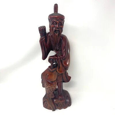 Vintage Chinese Oriental Boxwood Hand Carved Fisherman 18" Statue Figurine - Image 1 of 4
