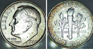 1947S Silver Roosevelt Dime - Beautiful Rainbow Toning - See Video - Bild 1 von 5