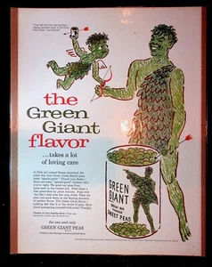 1950er Jahre grüne Riesenerbsen Konserven grün Riese & Junge Kunst Vintage Druck Anzeige - Bild 1 von 1