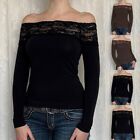 Sexy Lace Stitching Off Shoulder Women's T Shirts Elegant Long Sleeve Blouse