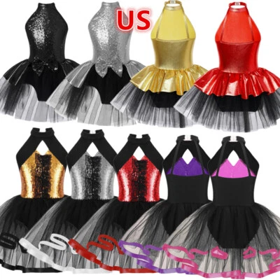 Girl Tutu Dance Dress Sequin Gymnastic Leotard Dress Modern Latin Jazz Dancewear - Image 1 of 2