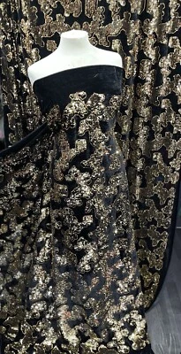 1 Yard schwarz gold Pailletten Stretch Samt Kleiderstoff 58" - Bild 1 von 4