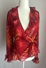 Vintage Lew Magram Wrap Blouse Red Tropical Print Ruffle V Neck Lightweight Sz M
