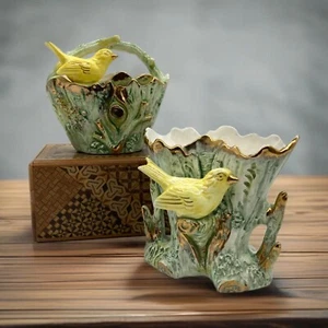 Vintage UCAGCO China Planter Set Yellow Bird Vase Pair Japan 1950s Cottage Core - Picture 1 of 14