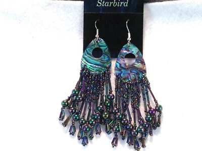 ABALONE, PAUA SEASHELL DANGLE BEADED EARRINGS 80's VINTAGE - Изображение 1 из 4