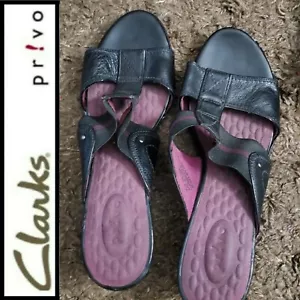 👡Privo Clarks Black Leather Open Toe Mini Wedge Shoes Sandals ~10 M3020 - Picture 1 of 10