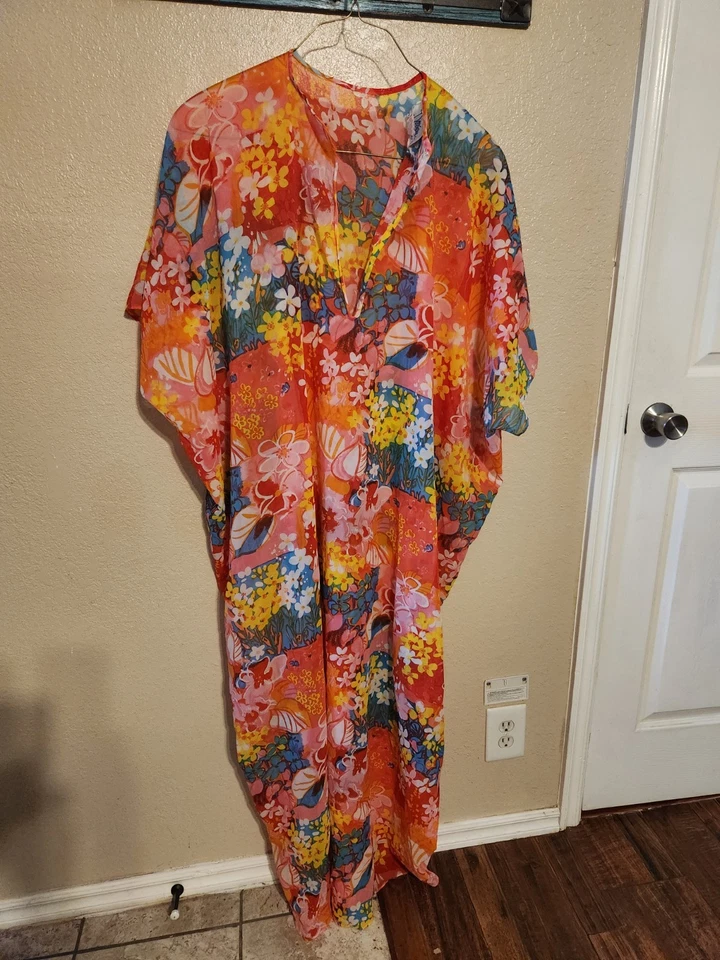 Vintage 60s Mod Bright Floral Print Kaftan Mumu Hippie Dress By Leo Naroucci HTF - Image 1 of 4