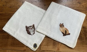 Vintage Set Of 2 Glamour Girl Embroidered Cat Handkerchief Hankies - Picture 1 of 4