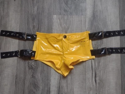 MoeFlavor Women's PU Yellow Caution Danger Strap Booty Short Shorts Size XL/2XL - Image 1 of 3