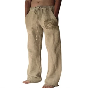 Cotton Linen Pants Men Summer Beach Pants Loose Fit with Elastic Waist Drawst... - Picture 1 of 6