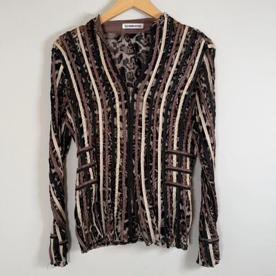 Alexandra Rosati Leopard Animal Print Semi Sheer Mesh Striped Zip Up Shirt Top - Imagem 1 de 4
