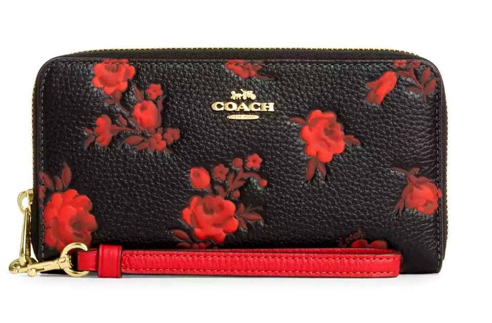 ️COACH Long Zip Around Wallet With Floral Print Black/Red CCL36 NEW