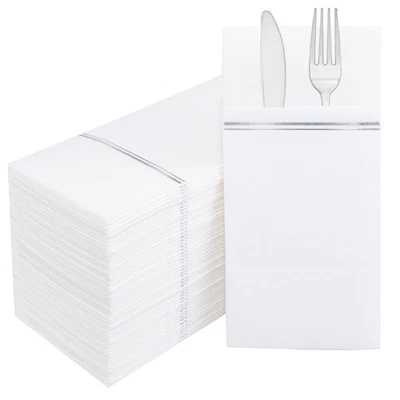 Servilletas de papel plateadas 100 piezas con bolsillo para cubiertos incorporado - blancas y plateadas... Foto 1 de 4